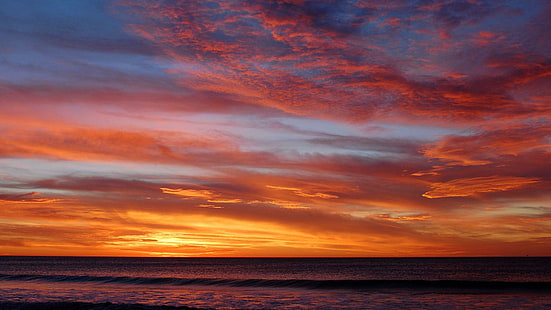 Sky meets the ocean at sunset, orange sunset sky, beaches, 1920x1080, sunset, ocean, HD wallpaper HD wallpaper