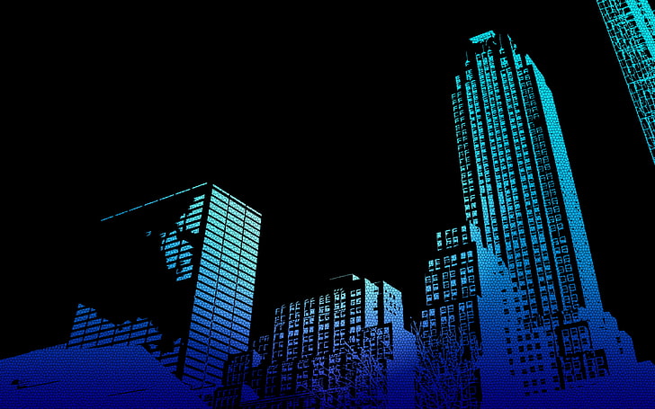 high rise buildings digital wallpaper, artwork, building, black, blue, skyscraper, architecture, minimalism, HD wallpaper