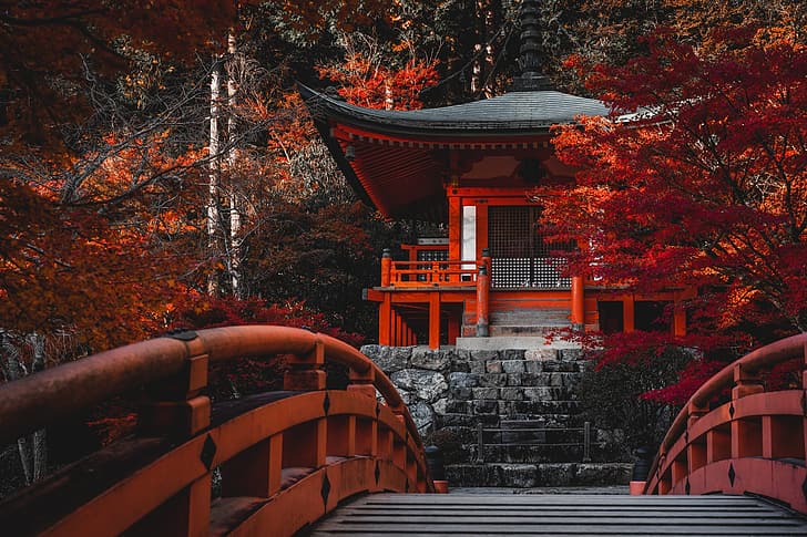осень, деревья, мост, Япония, храм, Киото, Bentendo Hall, Храм Дайго-дзи, Храм Дайго-дзи, HD обои