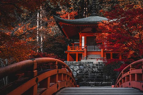outono, árvores, ponte, Japão, templo, Kyoto, Bentendo Hall, O templo Templo de Daigo-JI, Templo de Daigo-ji, HD papel de parede HD wallpaper