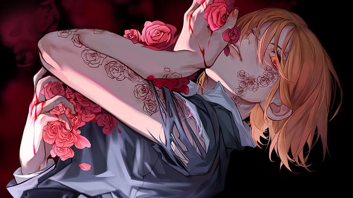 Jujutsu Kaisen, Kugisaki Nobara, darah, mawar, gadis anime, Wallpaper HD, Wallpaper HD