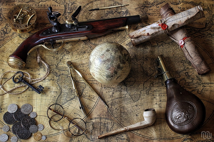 gray smoking pipe, card, bottle, tube, key, glasses, coins, compass, globe, the compass, pistol, HD wallpaper