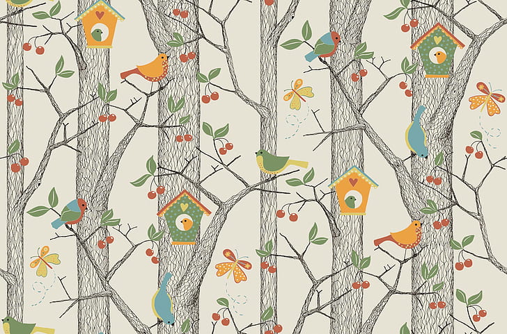 forest, vector, art, birdhouse, bird, children's, HD wallpaper