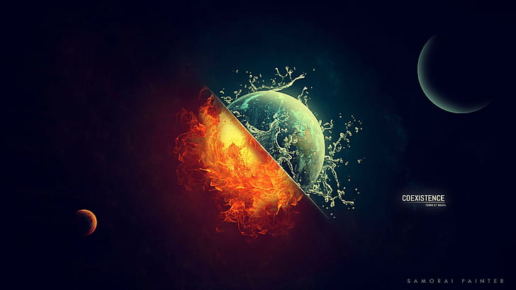 ruang seni digital semesta planet matahari bulan bumi api membakar percikan air hidup berdampingan, Wallpaper HD