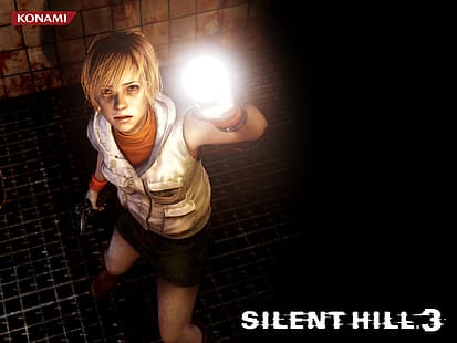взгляд, девушка, свет, пистолет, мрак, юбка, блондинка, фонарь, жилет, Ужас, Хизер Мейсон, Silent Hill 3, KONAMI, HD обои HD wallpaper