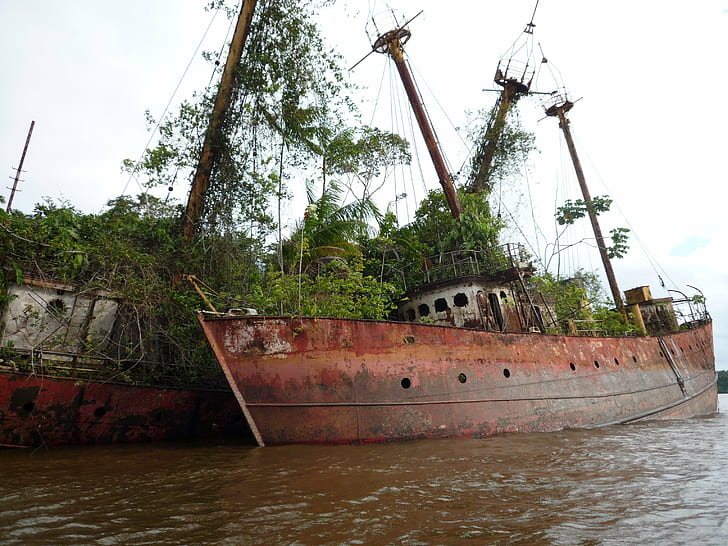 корабль старый корабль ржавчина в мире деревья кораблекрушение, HD обои