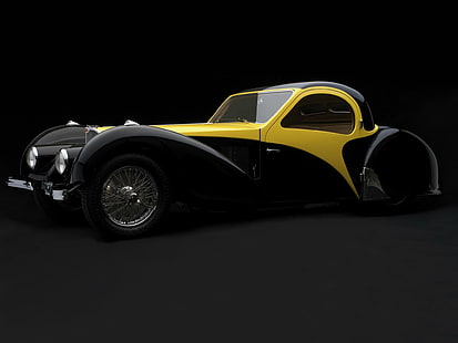 '37 Bugatti Atlante, black and yellow bugatti atalante, lines, bugatti, beautiful, type, classic, sleek, 1937, antique, pretty, atlante, cars, HD wallpaper HD wallpaper