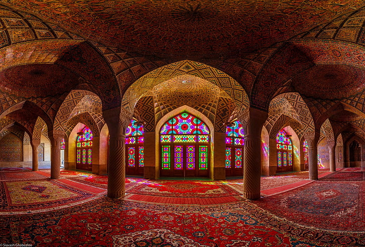 dome interior, mosque, architecture, Islamic architecture, Islam, Iran, red, pillar, HD wallpaper