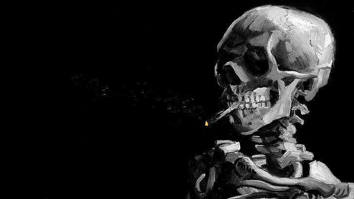 skelett illustraion, digital konst, skalle, svart bakgrund, målning, ben, ryggrad, revben, tänder, rökning, cigaretter, rök, svartvit, HD tapet