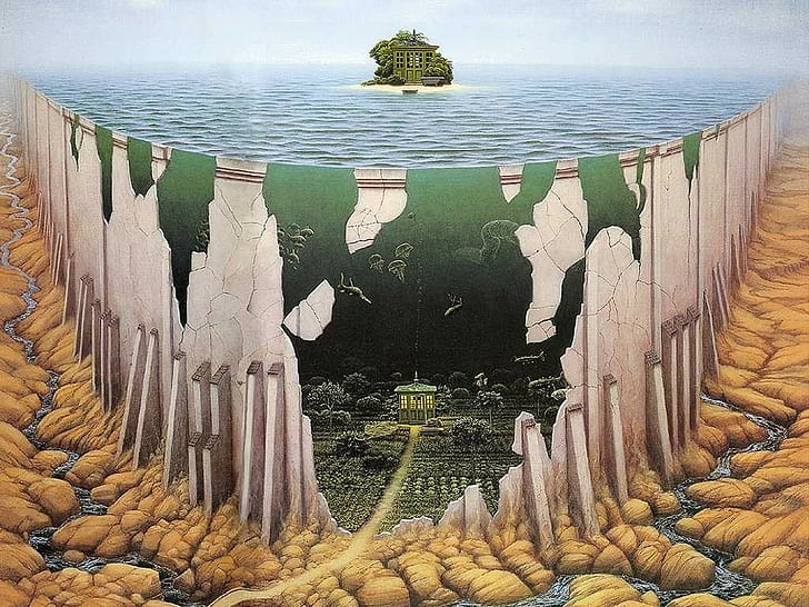 artwork, cliff, island, Jacek Yerka, sea, HD wallpaper