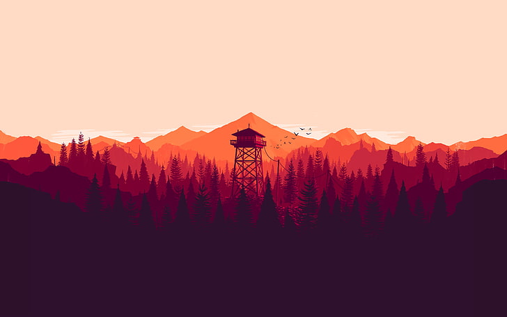 towerhouse digital wallpaper, house on top of a tower in the mountains painting, Firewatch, video games, mountains, nature, landscape, artwork, minimalism, fire lookout tower, forest, tower, Olly Moss, illustration, digital art, 2016 (Year), HD wallpaper