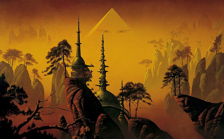 seni fantasi, Roger Dean, kuil, tebing, piramida, pohon, mata, Wallpaper HD