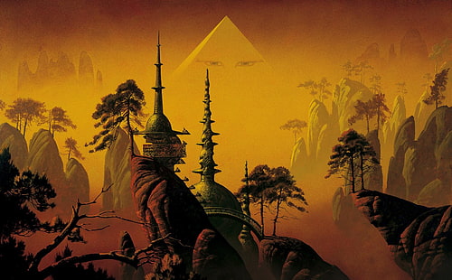 fantasy art, Roger Dean, temple, cliff, pyramid, trees, eyes, HD wallpaper HD wallpaper