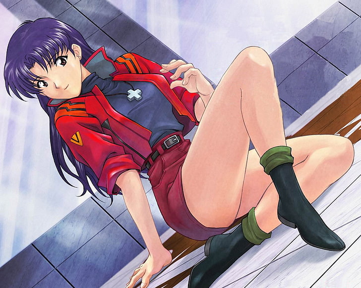 purpurrote behaarte weibliche Animecharakterillustration, misato katsuragi, Mädchen, Brunette, Lächeln, Haltung, Socken, HD-Hintergrundbild