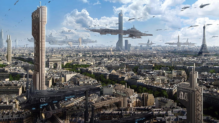 future world, paris, city, skycraper, cityscape, metropolis, fantasy, sky, fantasy art, skyline, tower, building, HD wallpaper
