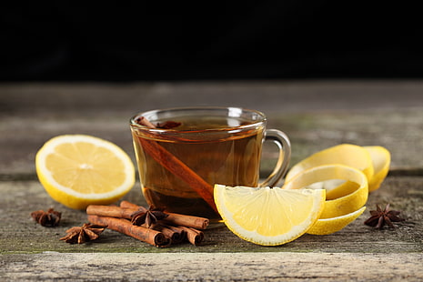 tazza da tè in vetro trasparente, limone, tè, cannella, tazza, Sfondo HD HD wallpaper