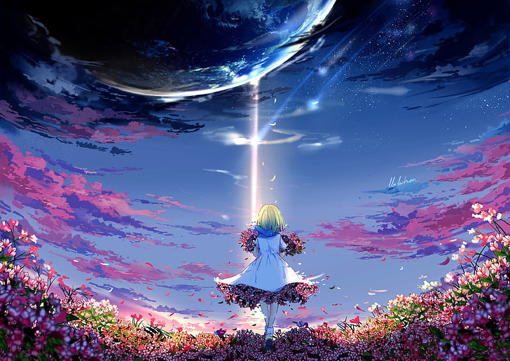 anime, anime girls, sky, clouds, stars, planet, flowers, petals, bouquet, short hair, green hair, looking into the distance, from behind, HD wallpaper