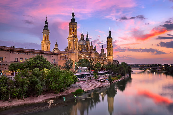 sunset, bridge, the city, river, building, Cathedral, tower, Spain, dome, Basilica, Zaragoza, Aragon, Ebro, HD wallpaper