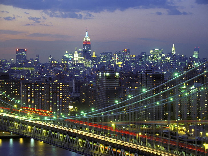 city, cityscape, bridge, night, Manhattan, Manhattan Bridge, HD wallpaper