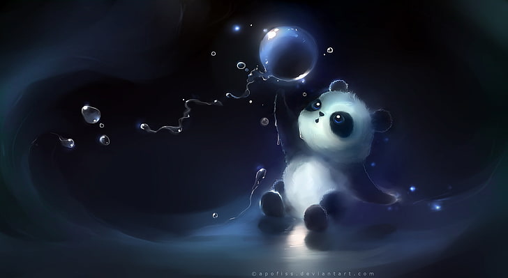 Magic Bubbles, baby panda illustration, Artistic, Fantasy, Beautiful, Bubbles, Artwork, Bear, Panda, Animal, Painting, Cute, HD wallpaper