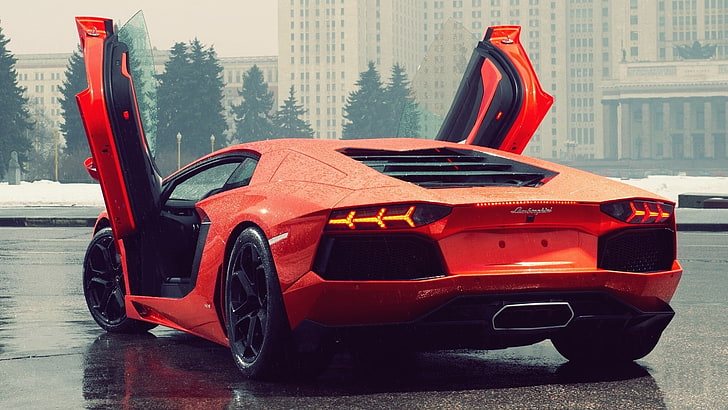 voiture de sport rouge, Lamborghini, Lamborghini Aventador, pluie, voitures rouges, supercars, véhicule, Fond d'écran HD
