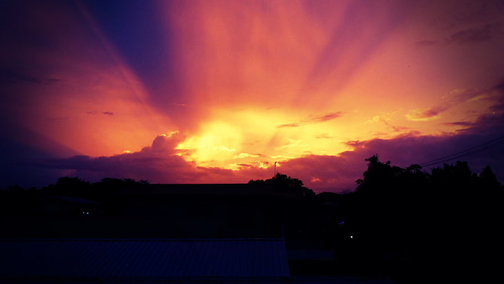 matahari terbenam, skyscape, senja, bayangan hitam, awan, Wallpaper HD