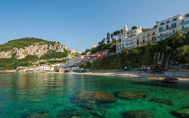 Anacapri, Capri, Italy, city, island, coast, sea, rocks, houses, commercial buildings near beach, Anacapri, Capri, Italy, City, Island, Coast, Sea, Rocks, Houses, HD wallpaper