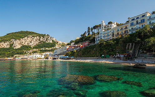 Anacapri, Capri, Włochy, miasto, wyspa, wybrzeże, morze, skały, domy, budynki komercyjne w pobliżu plaży, Anacapri, Capri, Włochy, miasto, wyspa, wybrzeże, morze, skały, domy, Tapety HD HD wallpaper