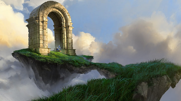 bogenförmige beige Steintapete, Ritter, sich hin- und herbewegende Insel, Bogen, Wolken, Markierungsfahne, Pferd, HD-Hintergrundbild