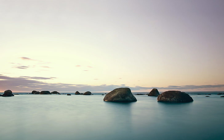 rocks formation on body of water, landscape, nature, stones, seals, sea, aerial view, rocks, sky, water, photography, HD wallpaper