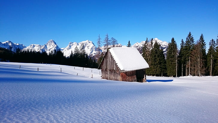white house in snowy place, mitterberg, mitterberg, cottage, snow, Mitterberg, white house, snowy, hinterstoder, winter, berg, mountain, schnee, cold, kalt, oberösterreich, österreich, austria, europa, europe, ski, tour, sport, dom, frei, freiheit, wild, strong, balance, white, blue  sky, sun, beautiful, landscape, scenery, panorama, hut, cabin, wood, wald, natur, nature, sony  xperia  z3, smartphone, compact, european Alps, house, tree, blue, forest, outdoors, sky, HD wallpaper
