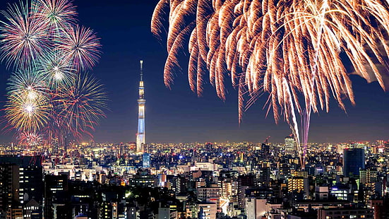 ночь, огни, салют, Япония, Токио, река Сумида, фестиваль фейерверков, HD обои HD wallpaper