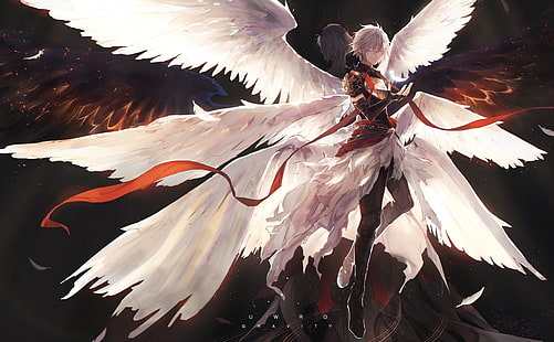 chłopcy z anime, granblue fantasy, skrzydła, anioł, fantasy, diabeł, lucyfer, Anime, Tapety HD HD wallpaper