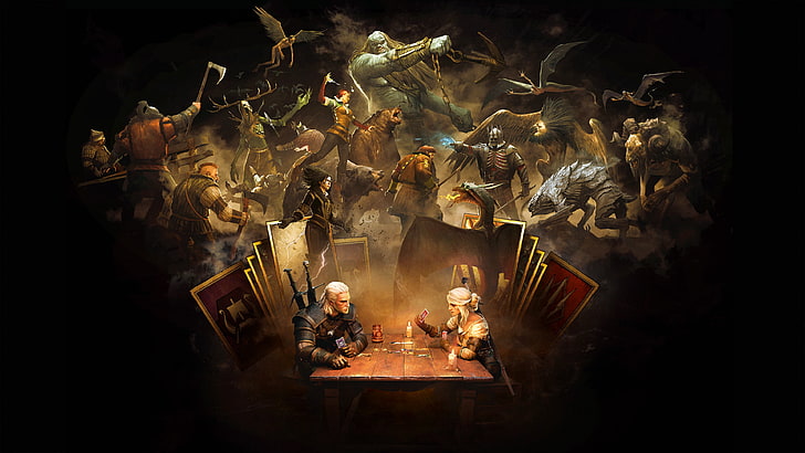 Le papier peint numérique The Witcher Geralt, Gwent, The Witcher 3: Wild Hunt, Geralt of Rivia, Cirilla, Yennefer of Vengerberg, Eredin, Triss Merigold, jeux vidéo, The Witcher, The Wild Hunt, Griffins, harpie, cartes, Fond d'écran HD