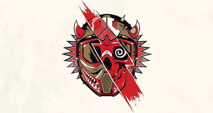 gul och röd maskkonstverk med vit bakgrund, Defqon.1, 2015, Defqon, Ran-D, mask, enkel bakgrund, konstverk, horn, HD tapet