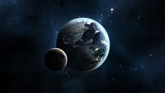 lukisan bumi dan bulan, render, luar angkasa, planet, Bulan, bintang, Bumi, Wallpaper HD HD wallpaper
