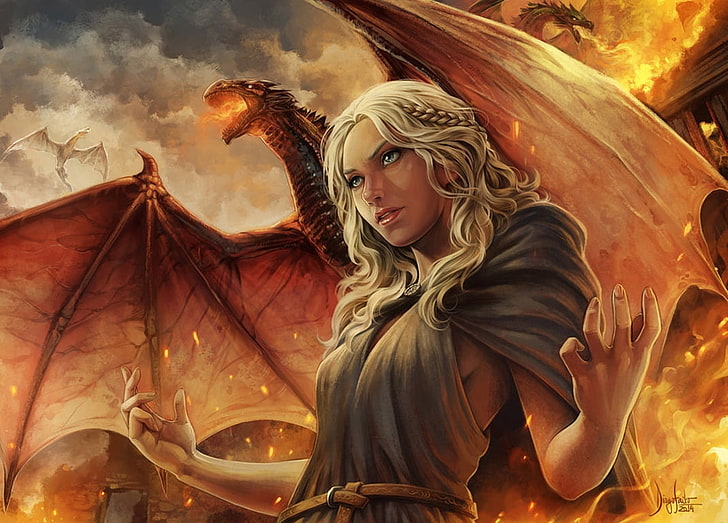 Daenerys Targaryen, orange, game of thrones, dragon, mother, fire, diogosaito, fantasy, girl, princess, HD wallpaper