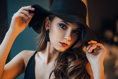 mujer, sombrero, retrato, pintalabios rojo, cara, Fondo de pantalla HD HD wallpaper