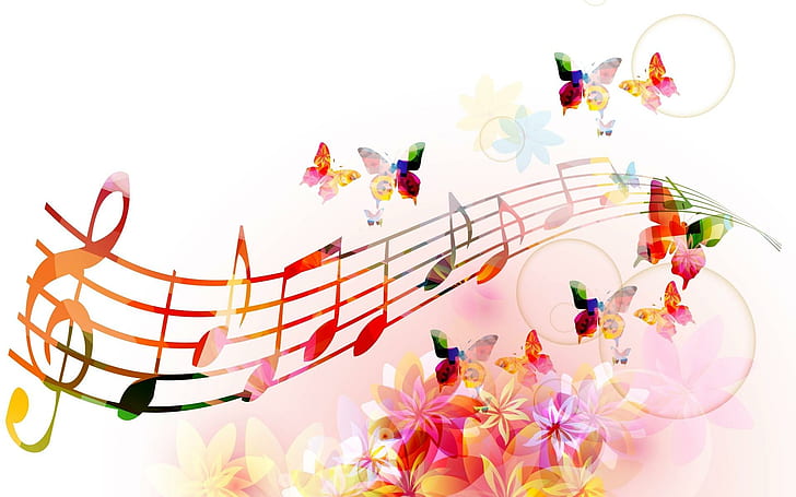 Цветна мелодия, щастие, живот, музика, пеперуда, цветове, цветни, песен, бележки, мелодия, 3d и абстрактни, HD тапет