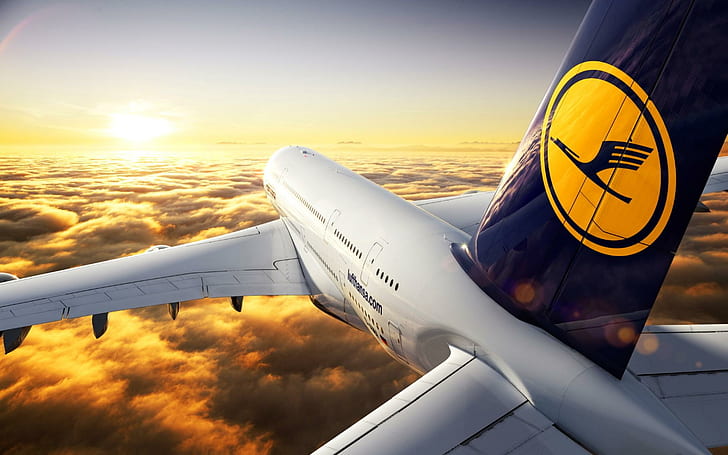 A380 lufthansa, airliner, aircraft, a380, lufthansa, flight, sunset, HD wallpaper