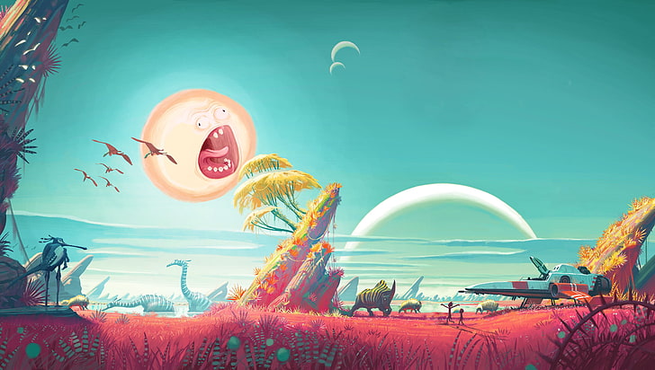 حقل العشب الأحمر مع توضيح الديناصورات وفن المعجبين والفن الرقمي وريك ومورتي و No Man's Sky وألعاب الفيديو، خلفية HD