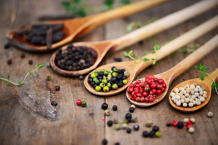 spoon, food, spices, Pepper, Black pepper (Spice), wooden surface, HD wallpaper