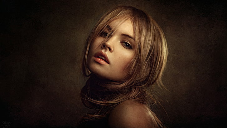 portrait, model, women, blonde, face, warm colors, open mouth, Georgy Chernyadyev, Anastasia Scheglova, HD wallpaper