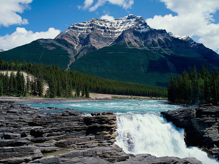 krajobraz, wodospady Athabasca, rzeka Athabasca, Park Narodowy Jasper, Kanada, rzeka, wodospad, góry, Tapety HD