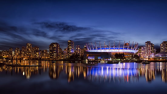 Vancouver, Canadá, cidade, noite, luzes, arranha-céus, baía, Vancouver, Canadá, cidade, noite, luzes, arranha-céus, baía, HD papel de parede HD wallpaper