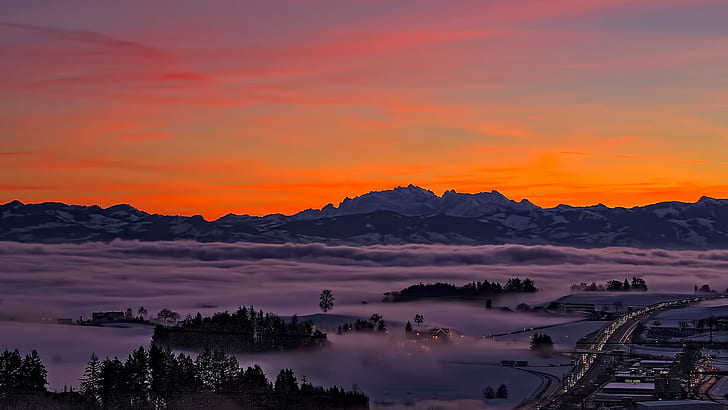 Sonnenuntergang, Berge, Autobahn, Wolken, HD-Hintergrundbild