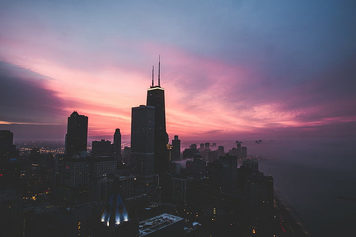 pejzaż miejski, Chicago, miasto, wieżowiec, fioletowe niebo, Tapety HD