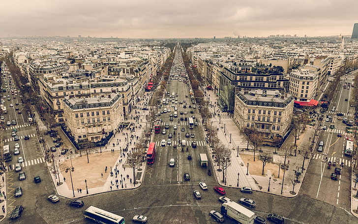 tapete de área marrom e azul, paisagem urbana, construção, rua, Paris, Champs-Élysées, HD papel de parede