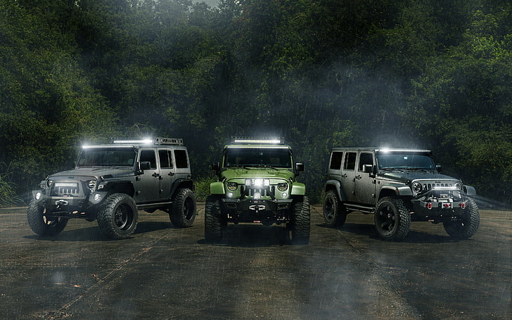 drei grüne und schwarze Autos, Auto, Jeep, SUV, Wrangler, HQ Wallpapers, William Stern, HD-Hintergrundbild