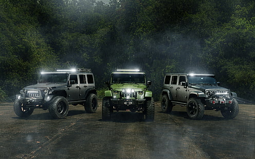 tre gröna och svarta bilar, bil, jeep, SUV, wrangler, hq Wallpapers, William Stern, HD tapet HD wallpaper
